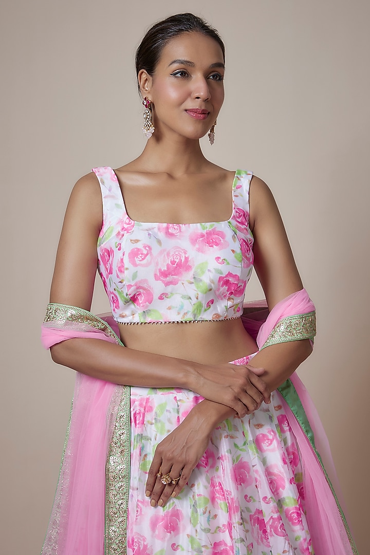 Off-White & Pink Organza Floral Printed Lehenga Set by Priyanka Jha at Pernia's Pop Up Shop