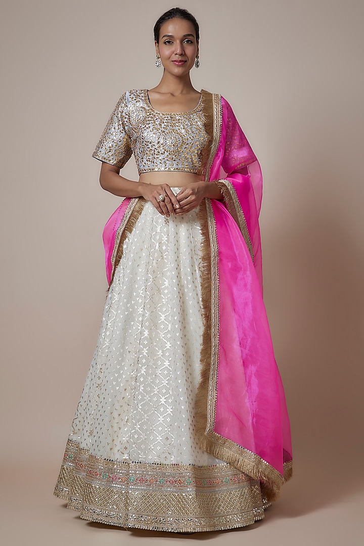 Ivory Banarasi Organza Hand Embroidered Lehenga Set by Priyanka Jha