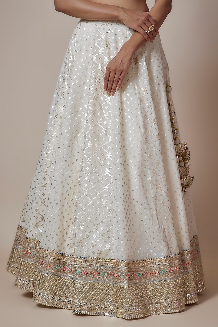 Ivory Banarasi Organza Hand Embroidered Wedding Lehenga Set by Priyanka Jha at Pernia's Pop Up Shop