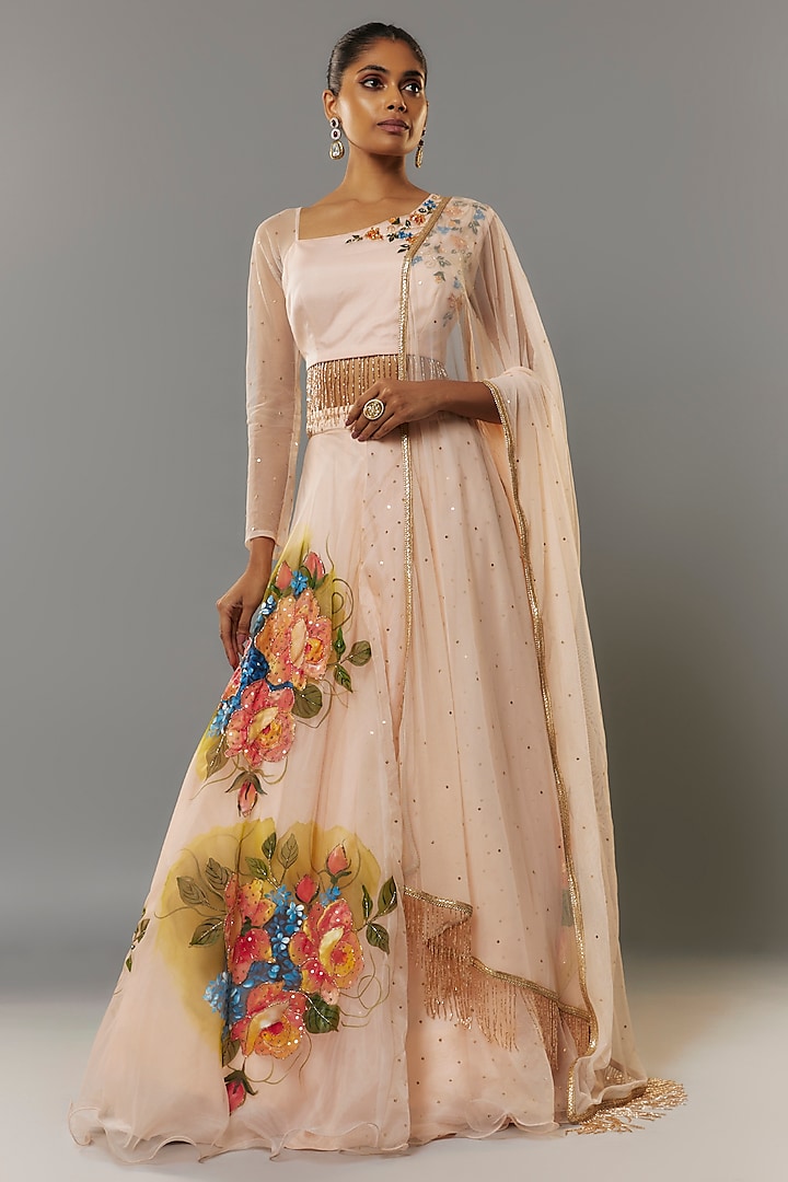 Light Peach Organza Hand Painted & Embroidered Wedding Lehenga Set by Priyanka Jha at Pernia's Pop Up Shop