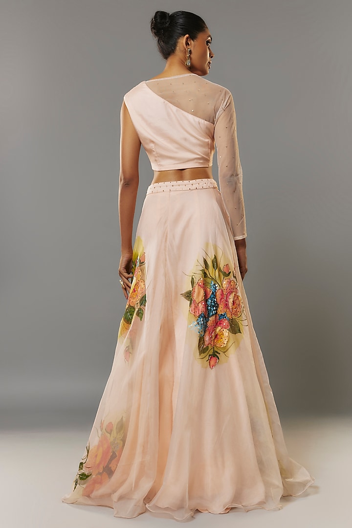 Light Peach Organza Hand Painted & Embroidered Wedding Lehenga Set by Priyanka Jha at Pernia's Pop Up Shop