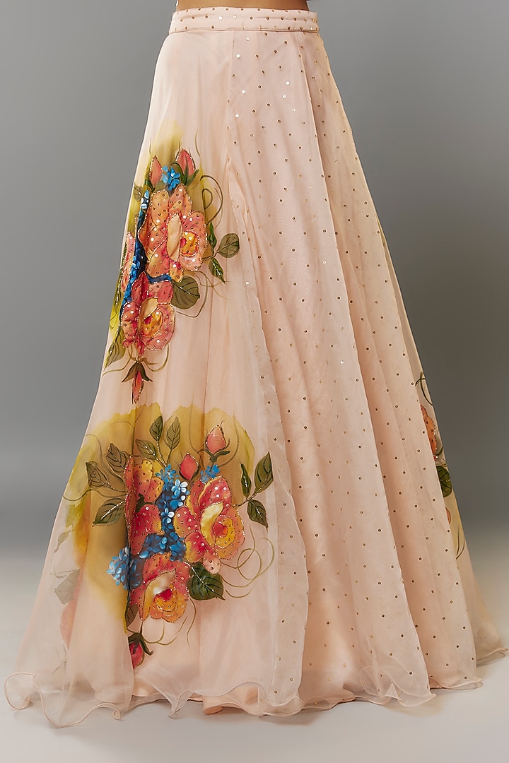 Light Peach Organza Hand Painted & Embroidered Wedding Lehenga Set by Priyanka Jha at Pernia's Pop Up Shop