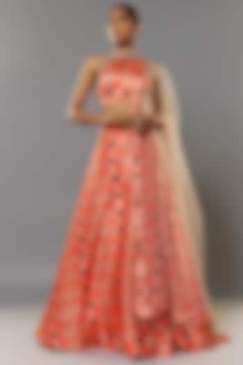 Orange Organza Floral Printed Lehenga Set by Priyanka Jha at Pernia's Pop Up Shop