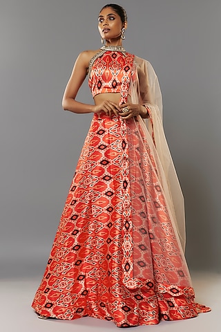 Orange Satin Silk Floral Printed Lehenga Set by Priyanka Jha