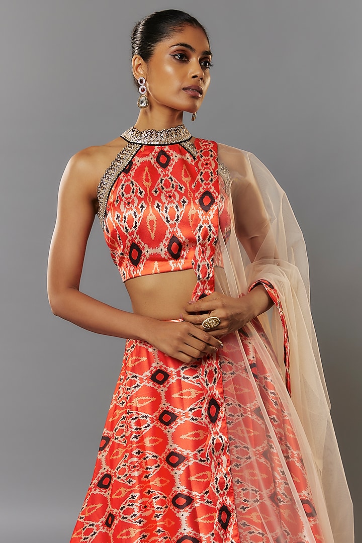 Orange Satin Silk Floral Printed Lehenga Set by Priyanka Jha at Pernia's Pop Up Shop