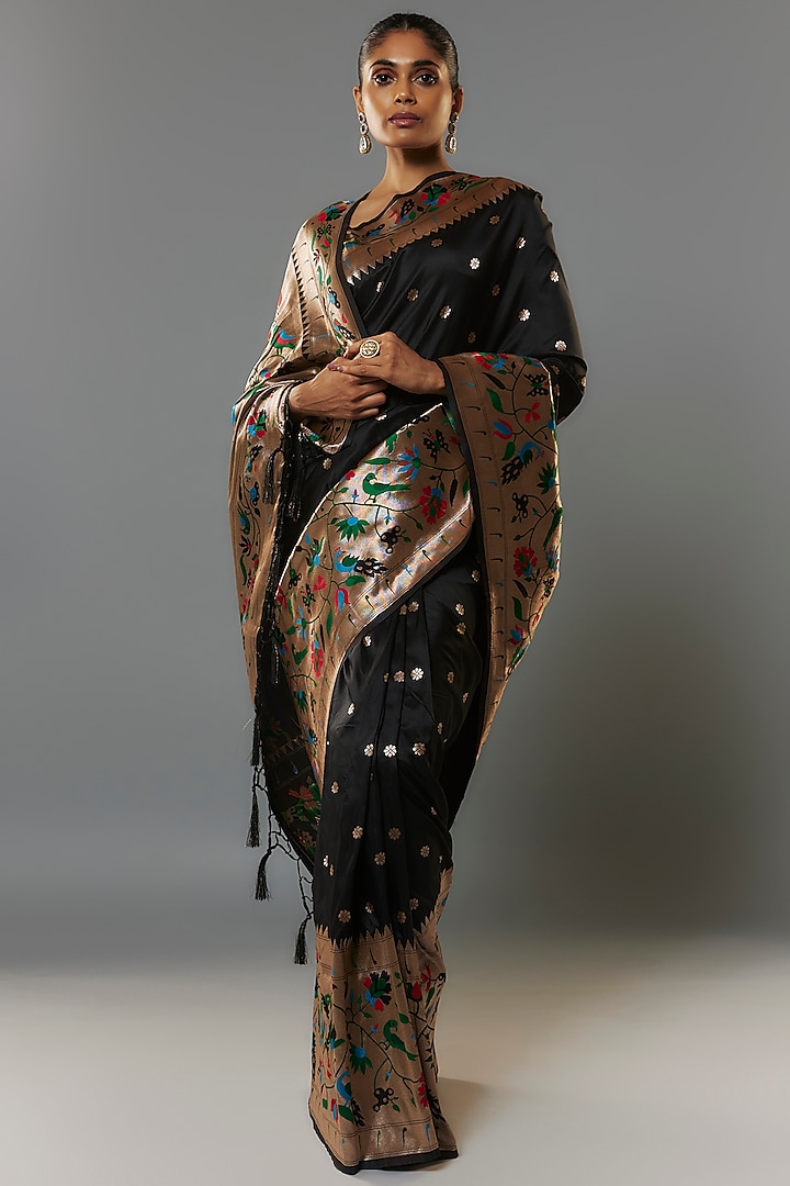 Black Viscose Silk Paithani Saree Set by Priyanka Jha