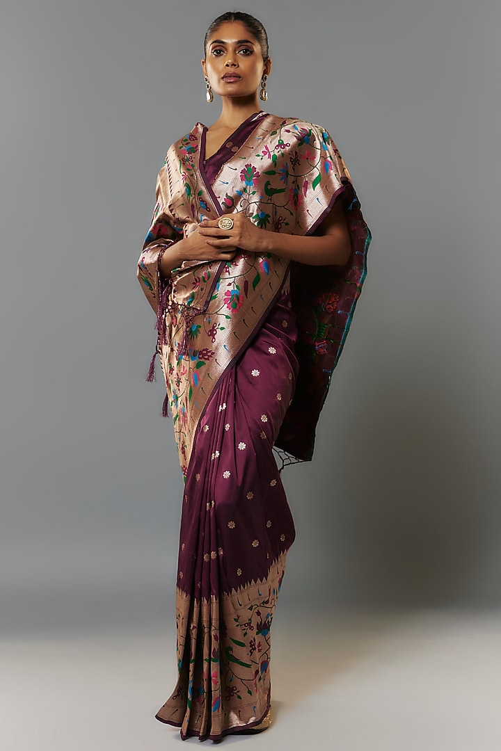 Dark Purple Viscose Silk Paithani Saree Set by Priyanka Jha at Pernia's Pop Up Shop