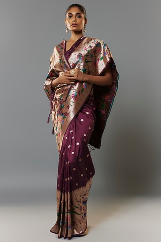 Dark Purple Viscose Silk Paithani Saree Set by Priyanka Jha