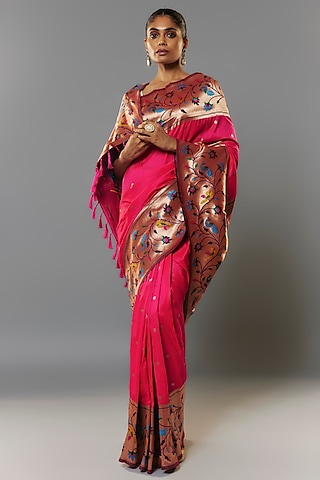 Dark Pink Viscose Silk Paithani Saree Set by Priyanka Jha
