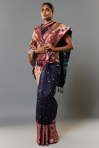 Midnight Blue Viscose Silk Paithani Saree Set by Priyanka Jha