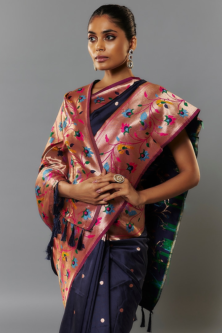 Midnight Blue Viscose Silk Paithani Party Wear Saree Set by Priyanka Jha at Pernia's Pop Up Shop