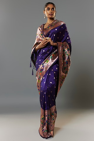 Dark Blue Viscose Silk Paithani Saree Set by Priyanka Jha