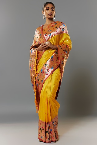 Yellow Viscose Silk Paithani Saree Set by Priyanka Jha