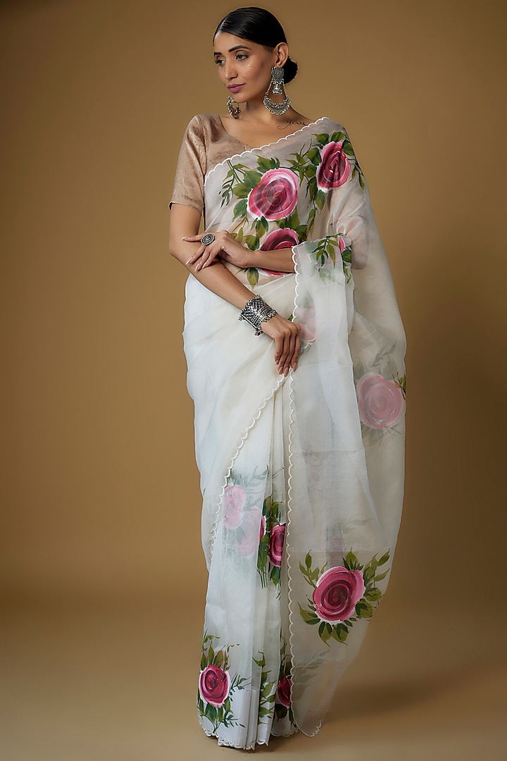 Ivory Silk Organza Hand Painted Party Wear Saree Set by Priyanka Jha at Pernia's Pop Up Shop