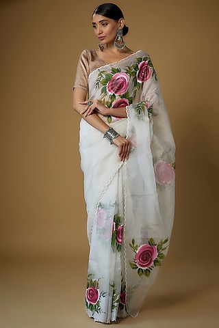 Ivory Silk Organza Hand Painted Saree Set by Priyanka Jha
