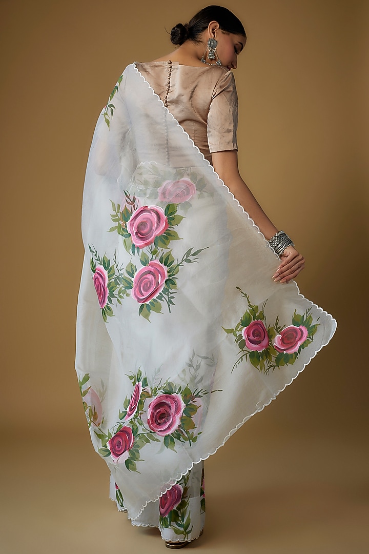Ivory Silk Organza Hand Painted Party Wear Saree Set by Priyanka Jha at Pernia's Pop Up Shop