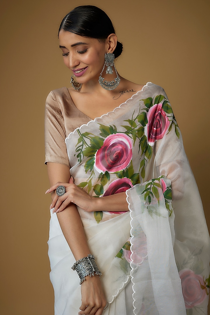 Ivory Silk Organza Hand Painted Party Wear Saree Set by Priyanka Jha at Pernia's Pop Up Shop