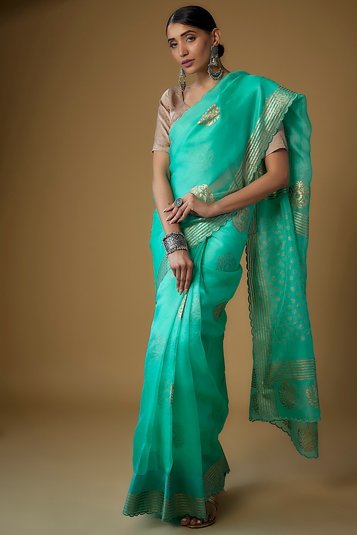 Sea Green Pure Silk Organza Printed Party Wear Saree Set by Priyanka Jha at Pernia's Pop Up Shop