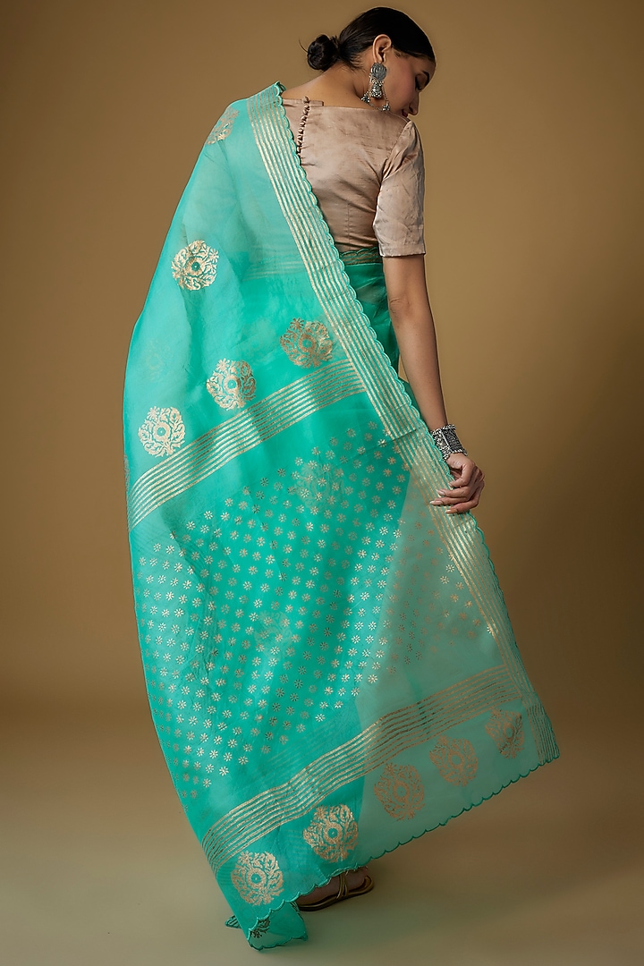 Sea Green Pure Silk Organza Printed Party Wear Saree Set by Priyanka Jha at Pernia's Pop Up Shop