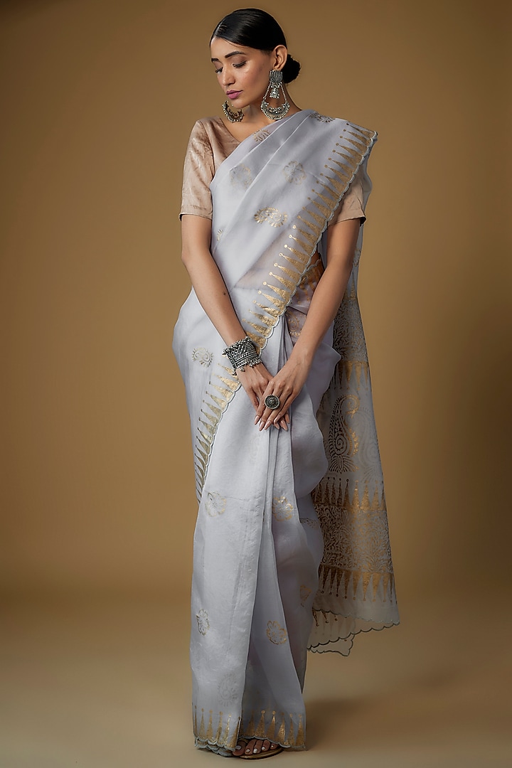 Cloud Grey Pure Silk Organza Printed Saree Set by Priyanka Jha at Pernia's Pop Up Shop