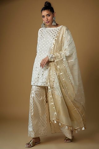 Ivory Banarasi Chanderi Gharara Set by Priyanka Jha