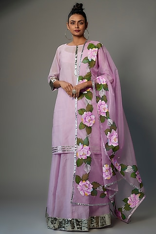 Mauve Pure Chanderi Silk Embroidered Kurta Set by Priyanka Jha