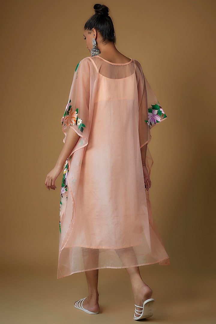 Peach Organza Hand Painted Kaftan by Priyanka Jha at Pernia's Pop Up Shop