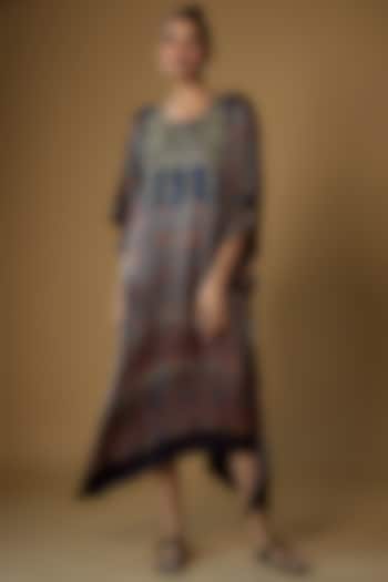 Blue Modal Silk Embroidered & Printed Kaftan by Priyanka Jha at Pernia's Pop Up Shop