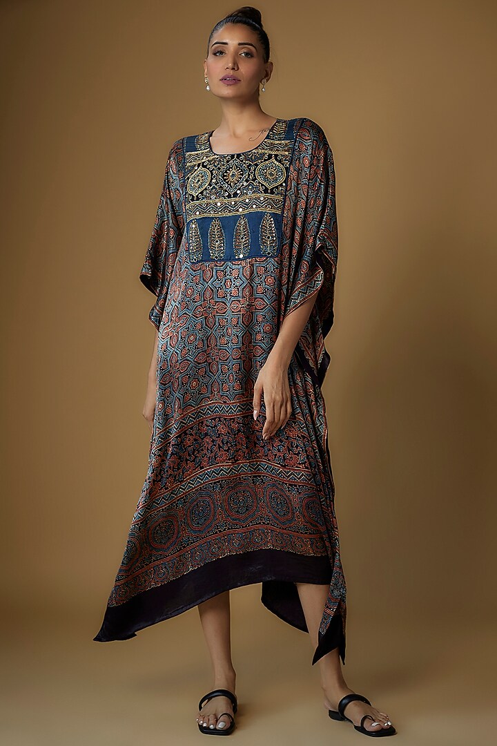 Blue Modal Silk Embroidered & Printed Kaftan by Priyanka Jha at Pernia's Pop Up Shop