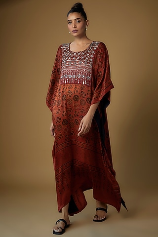 Red Modal Silk Embroidered & Printed Kaftan by Priyanka Jha