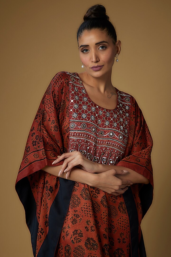 Red Modal Silk Embroidered & Printed Kaftan by Priyanka Jha at Pernia's Pop Up Shop