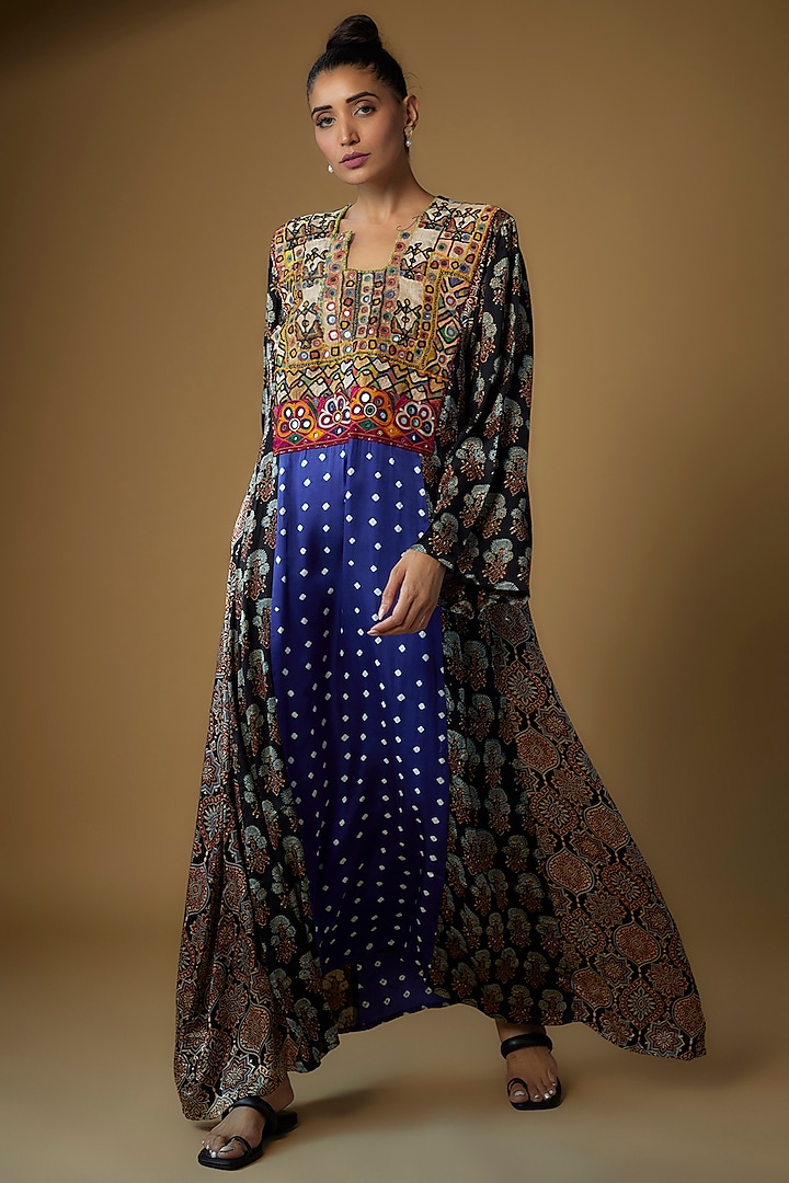 Blue Modal Silk Printed & Embroidered Tunic by Priyanka Jha at Pernia's Pop Up Shop