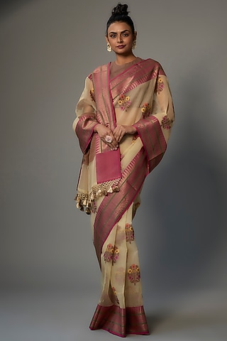Beige Banarasi Art Silk Organza Saree Set by Priyanka Jha