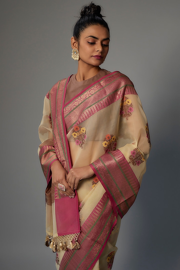 Beige Banarasi Art Silk Organza Festive Saree Set by Priyanka Jha at Pernia's Pop Up Shop