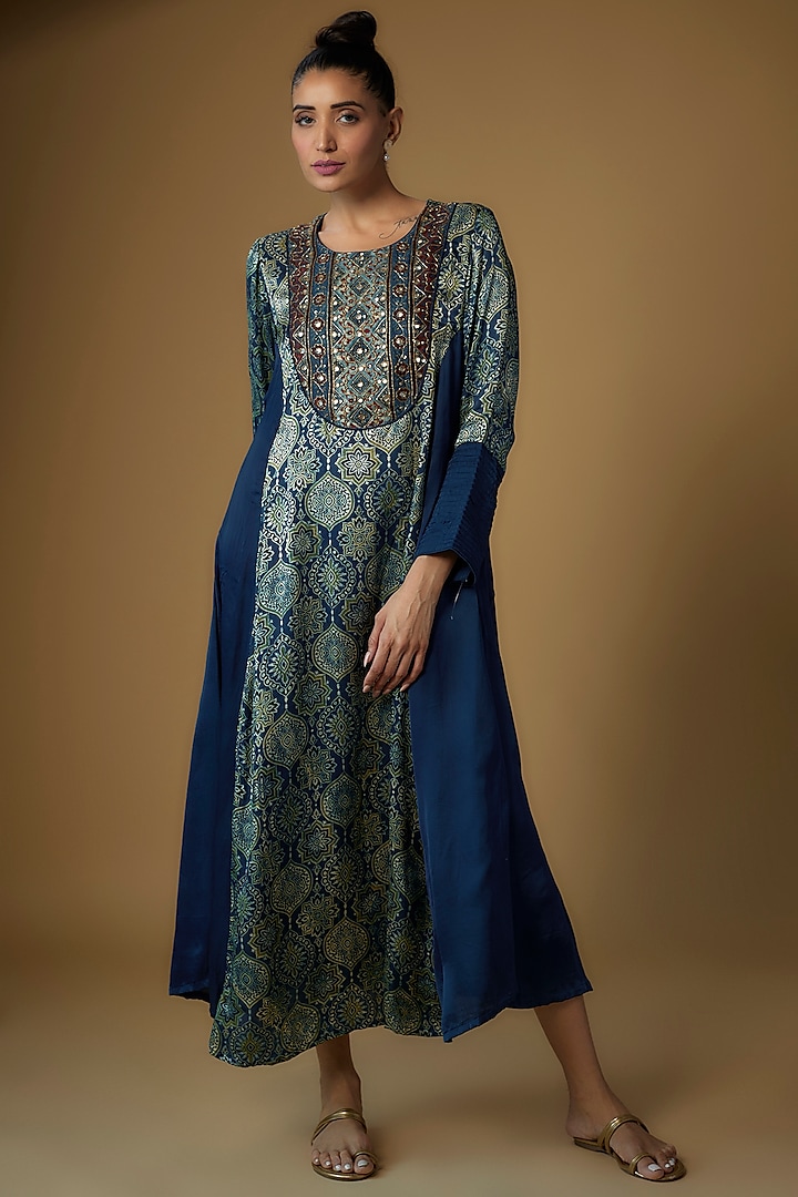 Blue Modal Silk Printed & Embroidered Tunic by Priyanka Jha at Pernia's Pop Up Shop