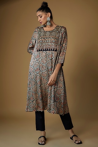 Black Modal Silk Printed & Embroidered Kurta Set by Priyanka Jha