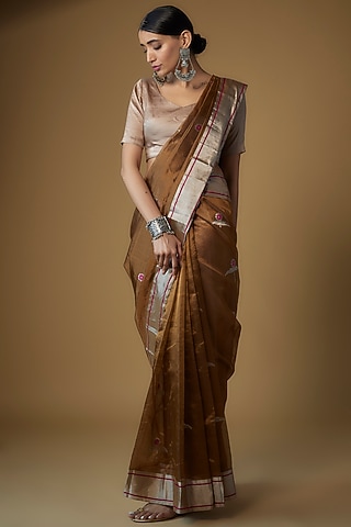 Golden Brown Pure Silk Chanderi Handwoven Saree Set by Priyanka Jha