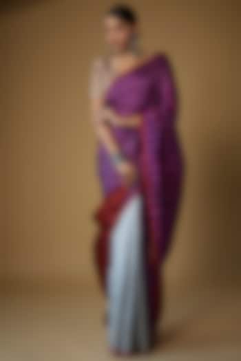 Grey & Magenta Pure Silk Chanderi Handwoven Wedding Saree Set by Priyanka Jha at Pernia's Pop Up Shop