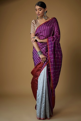 Grey & Magenta Pure Silk Chanderi Handwoven Saree Set by Priyanka Jha