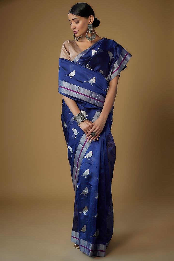 Cobalt Blue Silk Chanderi Handwoven Saree Set by Priyanka Jha