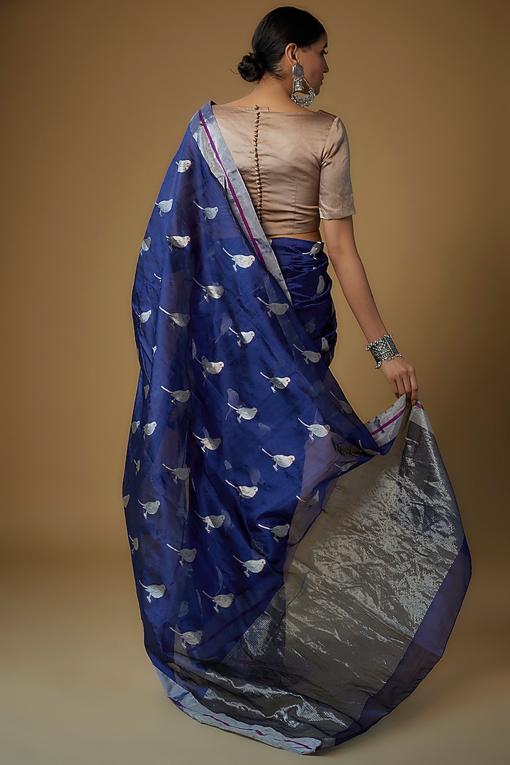 Cobalt Blue Silk Chanderi Handwoven Wedding Saree Set by Priyanka Jha at Pernia's Pop Up Shop