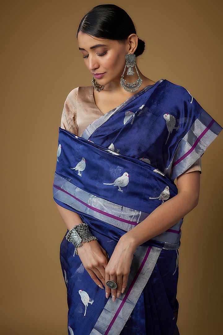 Cobalt Blue Silk Chanderi Handwoven Wedding Saree Set by Priyanka Jha at Pernia's Pop Up Shop