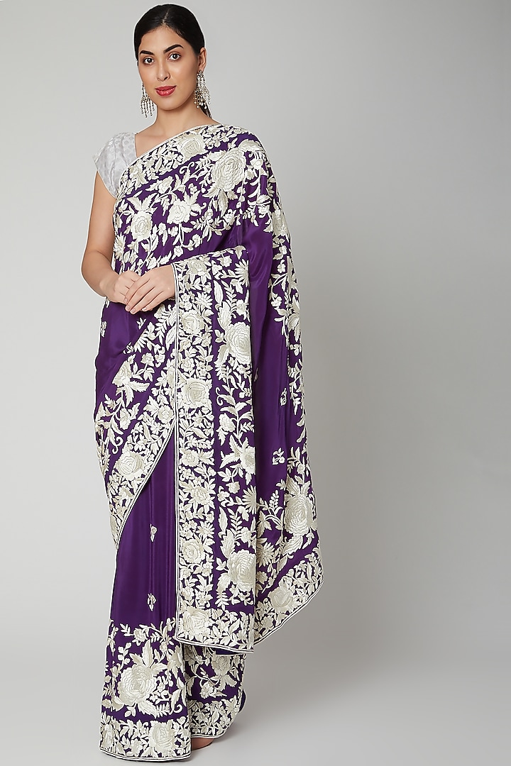 Purple Embroidered Handcrafted Saree Set by Priyanka Jha at Pernia's Pop Up Shop