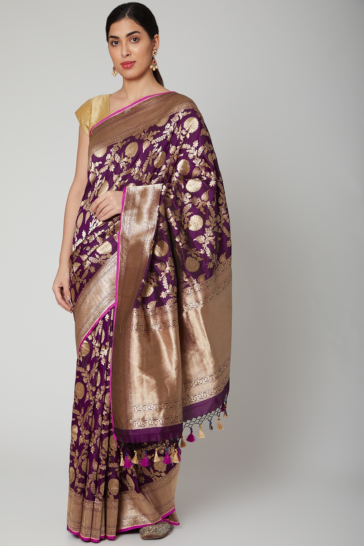 Purple Banarasi Saree with Embroidery Work - Urban Womania