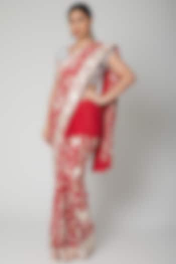 Red Parsi Gara Embroidered Reception Saree Set by Priyanka Jha at Pernia's Pop Up Shop