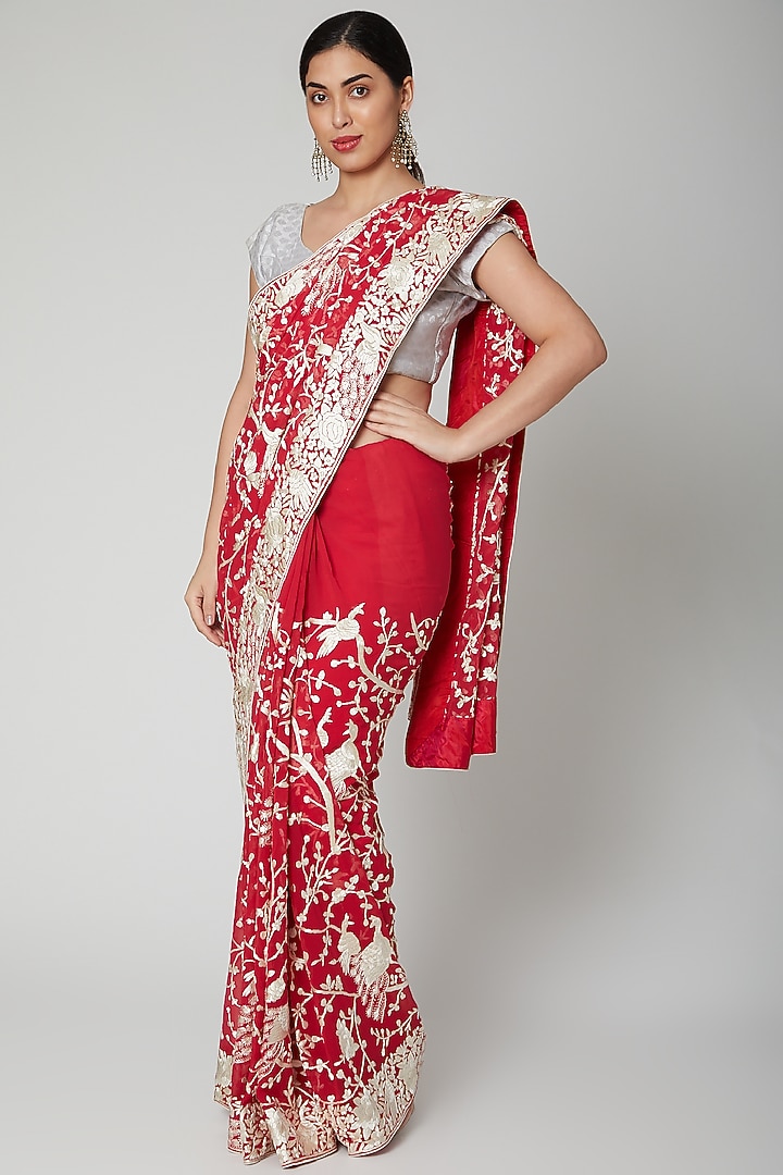 Red Parsi Gara Embroidered Reception Saree Set by Priyanka Jha at Pernia's Pop Up Shop