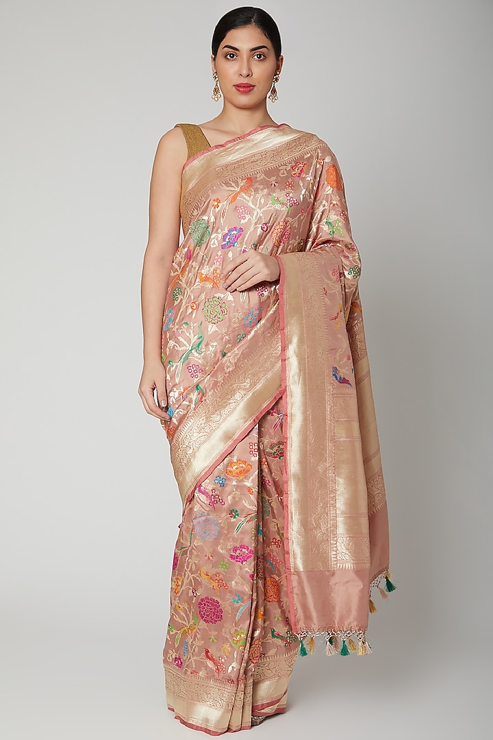 Rose Pink Kadhua Woven Jamdani Saree Set by Priyanka Jha at Pernia's Pop Up Shop