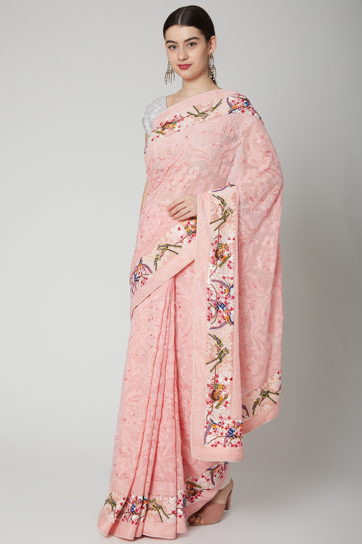 Pure Georgette Chikankari Baby Pink Colour Saree - Vastrams