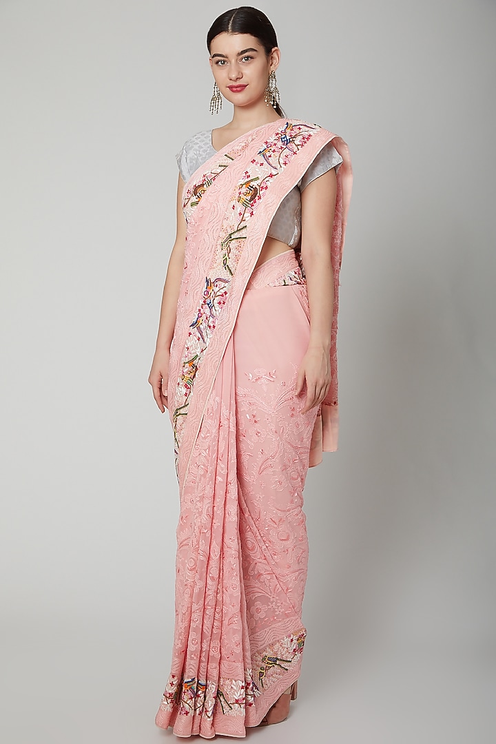 Powder Pink Chikankari Embroidered Reception Saree Set by Priyanka Jha at Pernia's Pop Up Shop