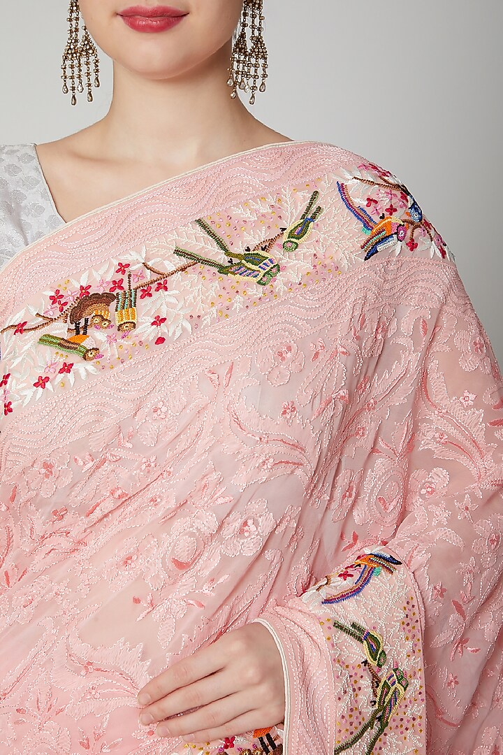 Powder Pink Chikankari Embroidered Reception Saree Set by Priyanka Jha at Pernia's Pop Up Shop